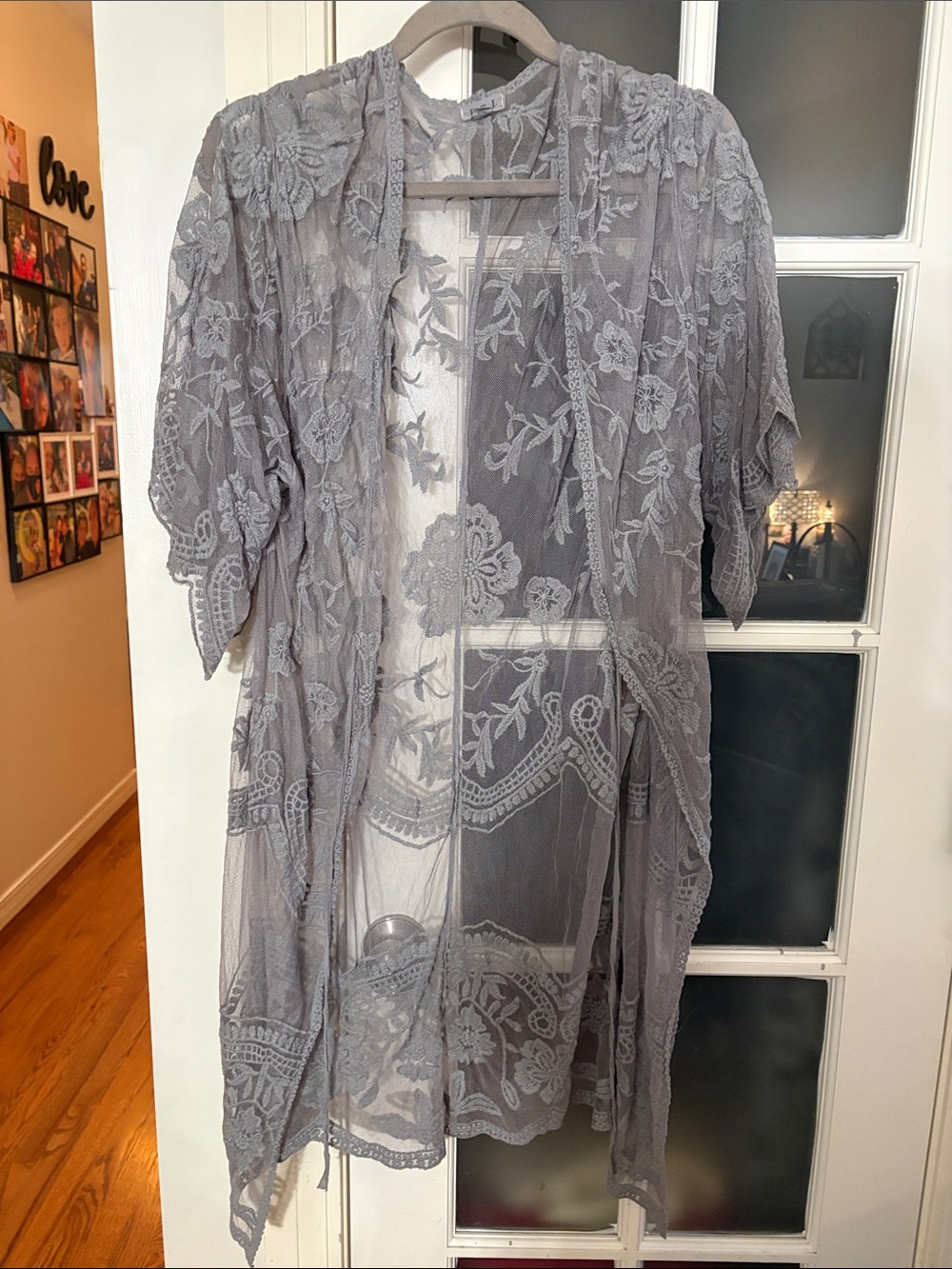 POL Gray Floral Lace Kimono Robe